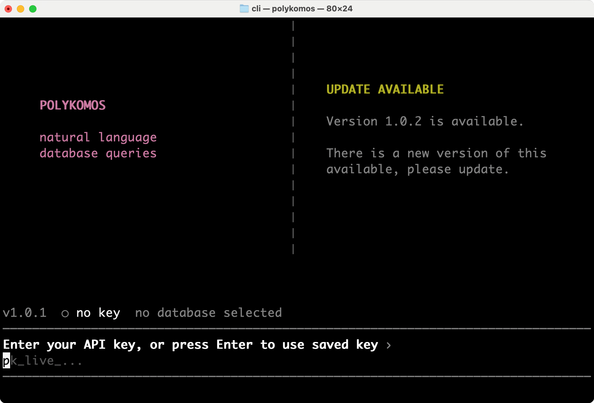 Polykomos CLI running in a terminal — natural language database queries